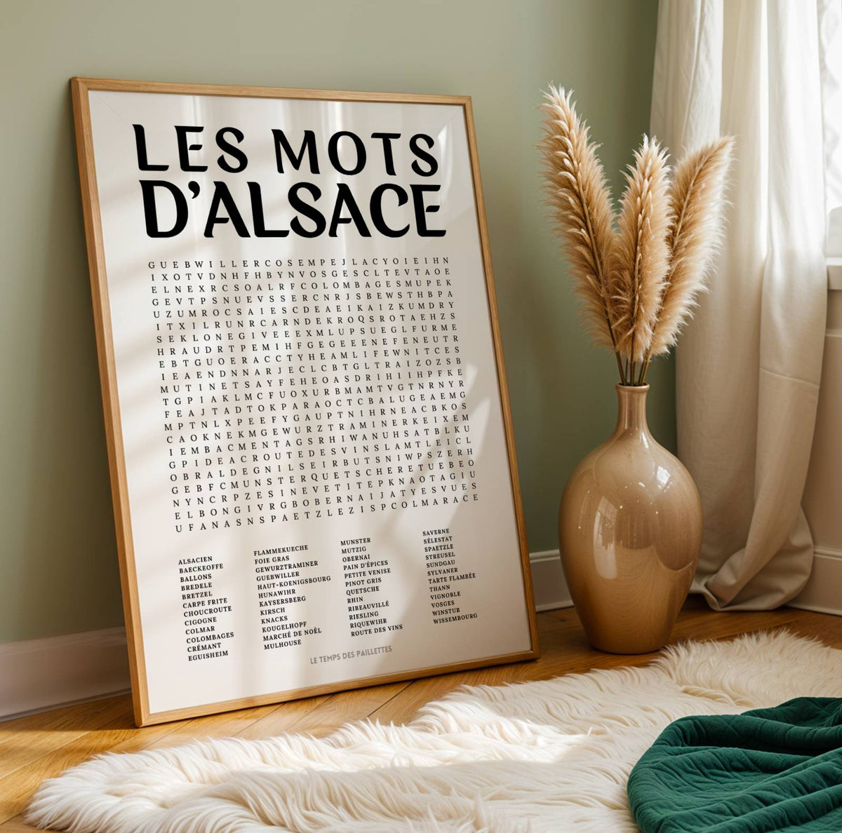 Affiche mots mêlés de l'Alsace - poster régional en noir et blanc avec grille de mots à chercher