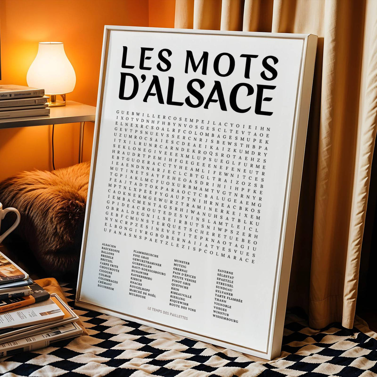 Affiche mots mêlés de l'Alsace - poster régional en noir et blanc avec grille de mots à chercher