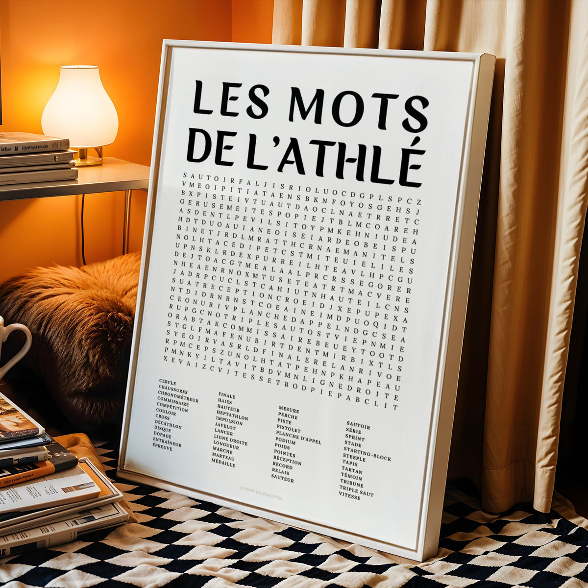 Affiche mots mêlés de l'athlétisme - poster sport en noir et blanc avec grille de mots à chercher