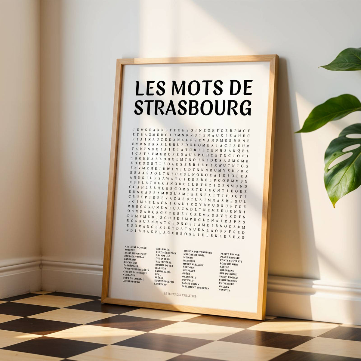 Affiche mots mêlés de Strasbourg - poster régional en noir et blanc avec grille de mots à chercher