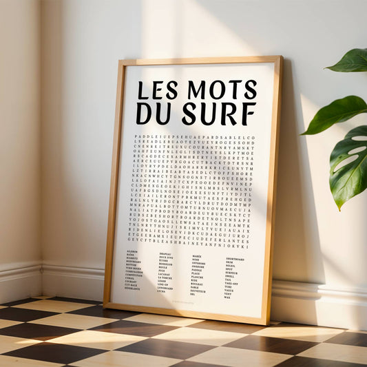 Affiche mots mêlés du surf - poster sport en noir et blanc avec grille de mots à chercher
