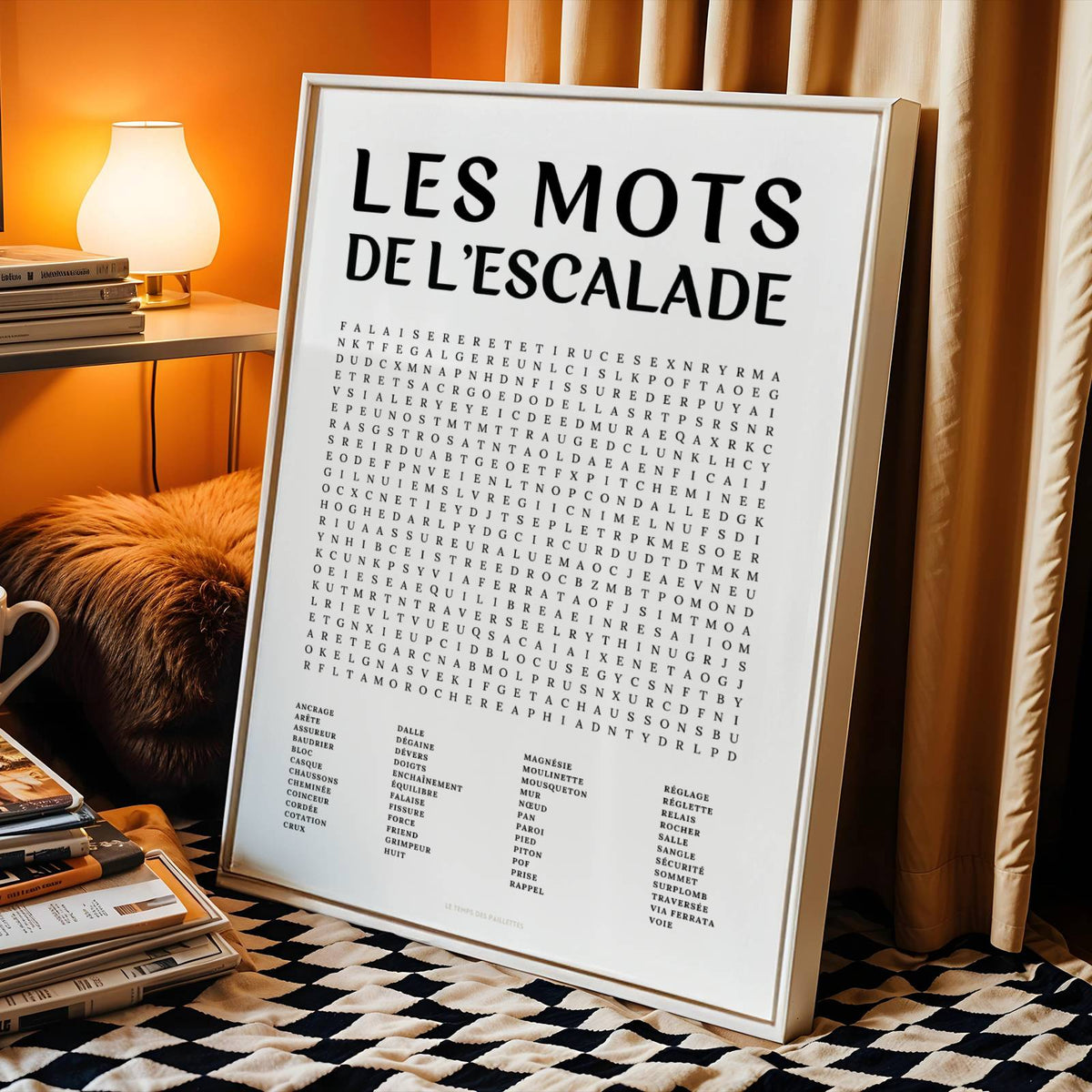 Affiche mots mêlés de l'escalade - poster sport en noir et blanc avec grille de mots à chercher