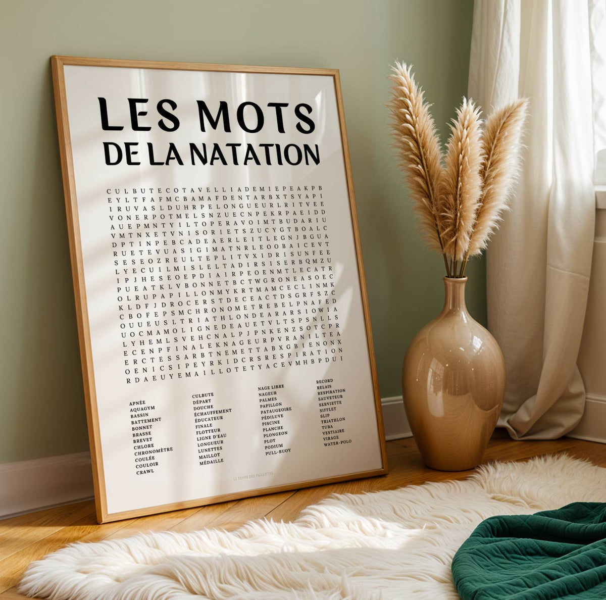 Affiche mots mêlés de la natation - poster sport en noir et blanc avec grille de mots à chercher