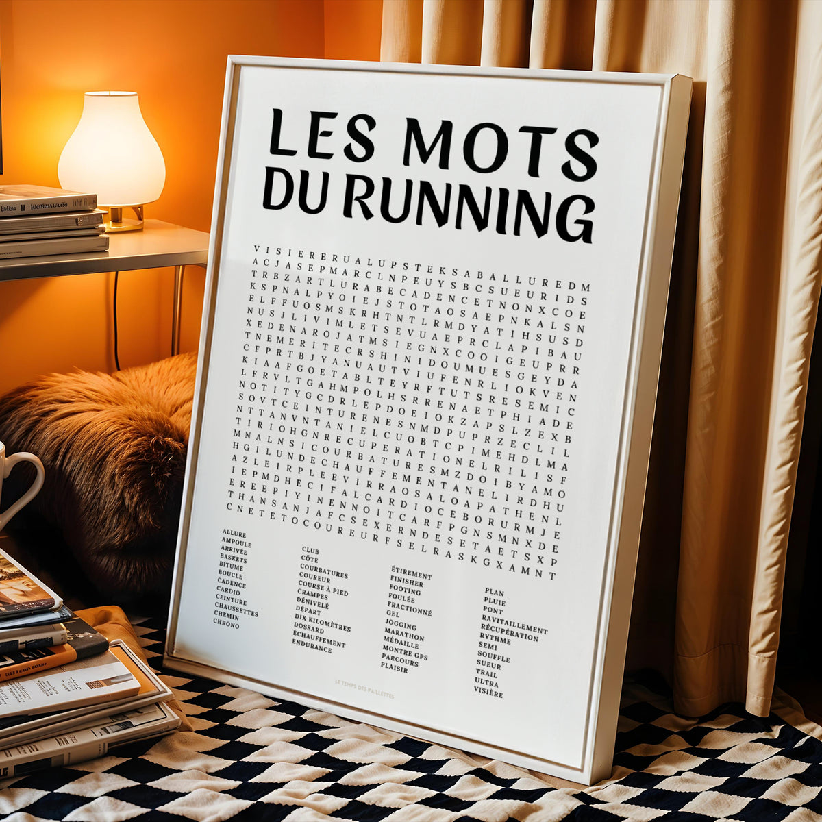 Affiche mots mêlés de la course à pied - poster sport en noir et blanc avec grille de mots à chercher