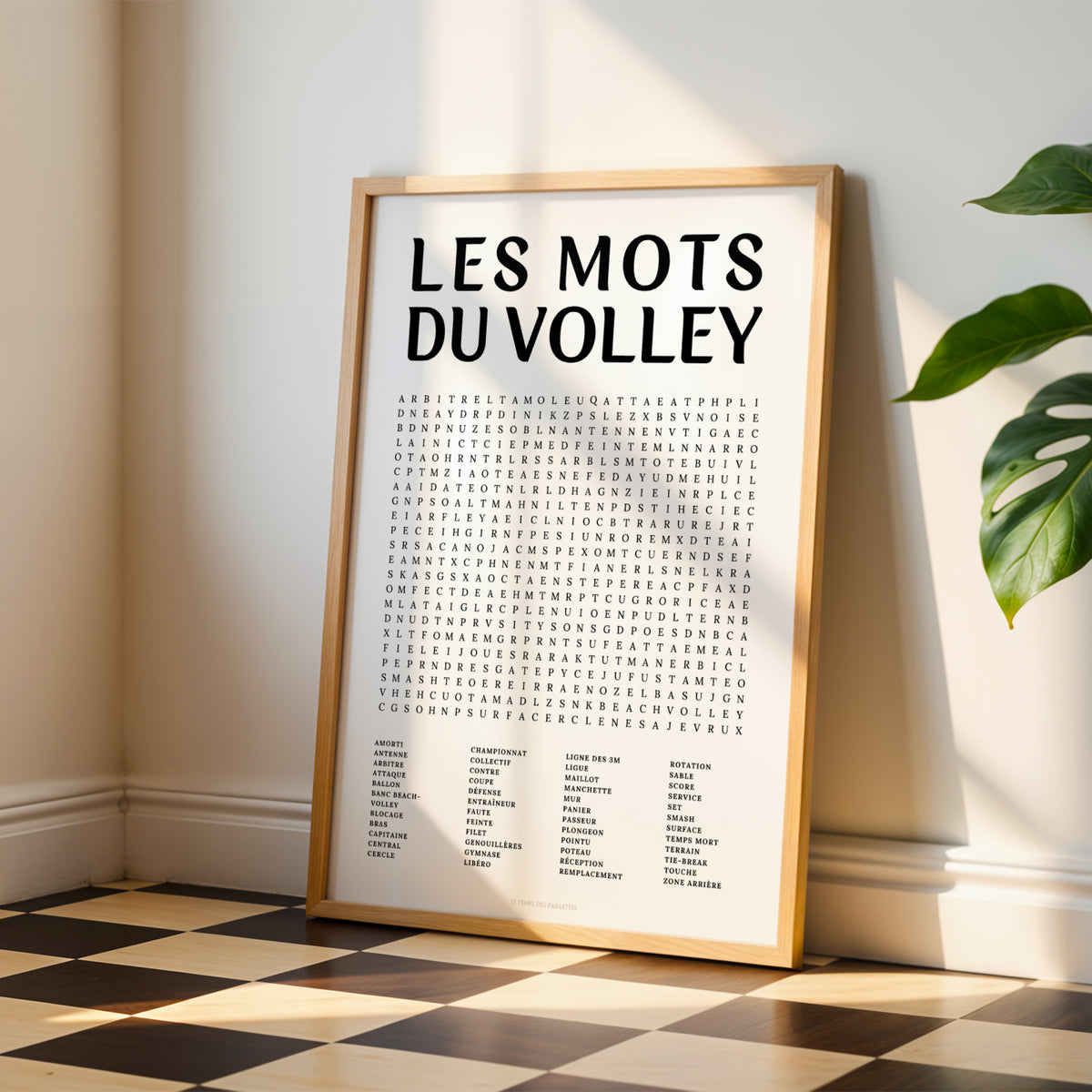 Affiche mots mêlés du volley-ball - poster sport en noir et blanc avec grille de mots à chercher
