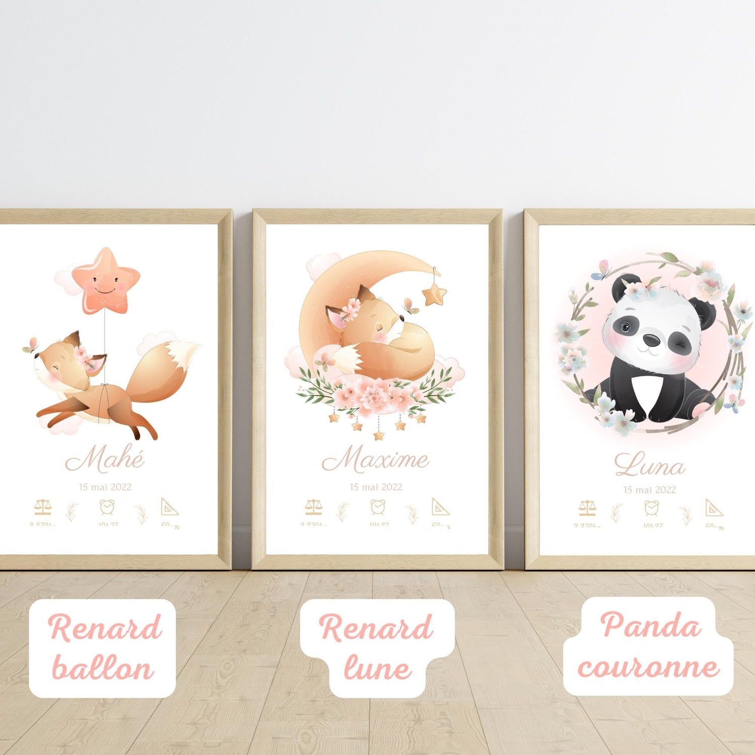 affiche naissance animaux personnalisée renard lion éléphant panda cadeau bébé