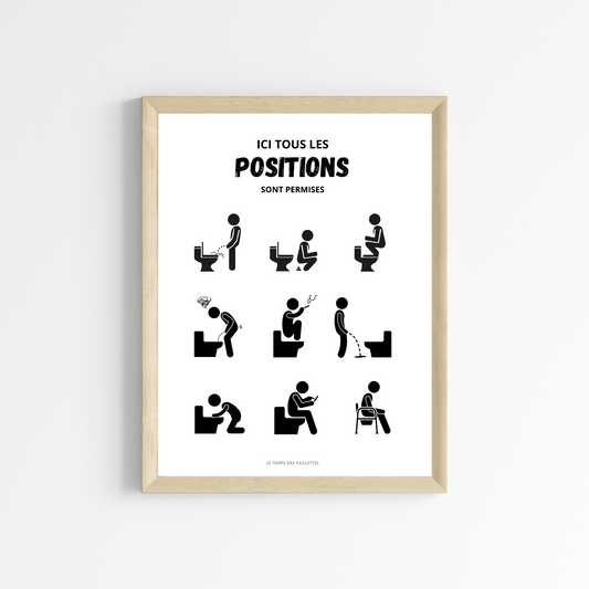 Affiche humour WC - affiche ici toutes les positions sont permises - Affiche Airbnb - Le Temps des Paillettes