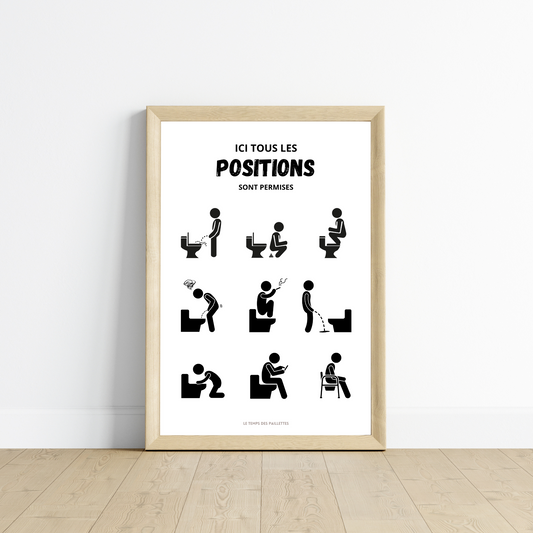 Affiche humour WC - affiche ici toutes les positions sont permises - Affiche Airbnb - Le Temps des Paillettes