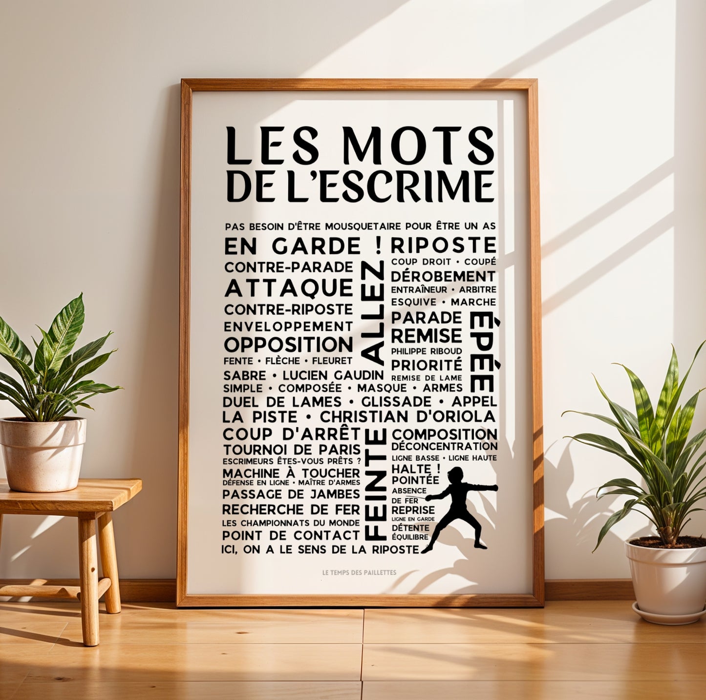 Affiche typographique noire et blanche "Les Mots de l'Escrime" avec vocabulaire technique