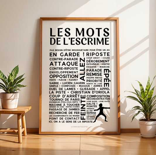 Affiche typographique noire et blanche "Les Mots de l'Escrime" avec vocabulaire technique