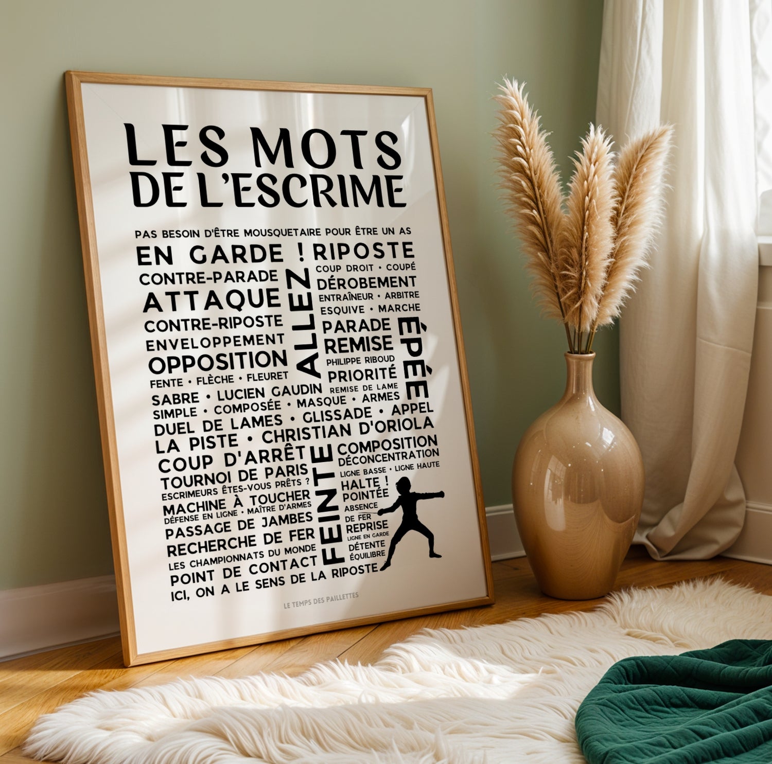 Affiche escrime avec silhouette d'escrimeur en position d'attaque