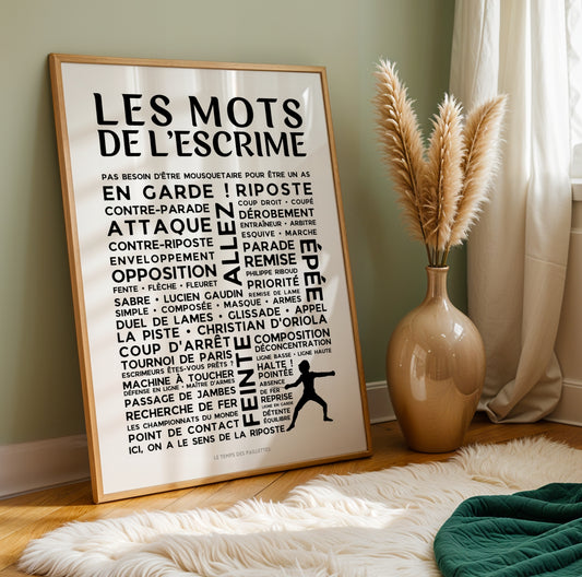 Affiche escrime avec silhouette d'escrimeur en position d'attaque