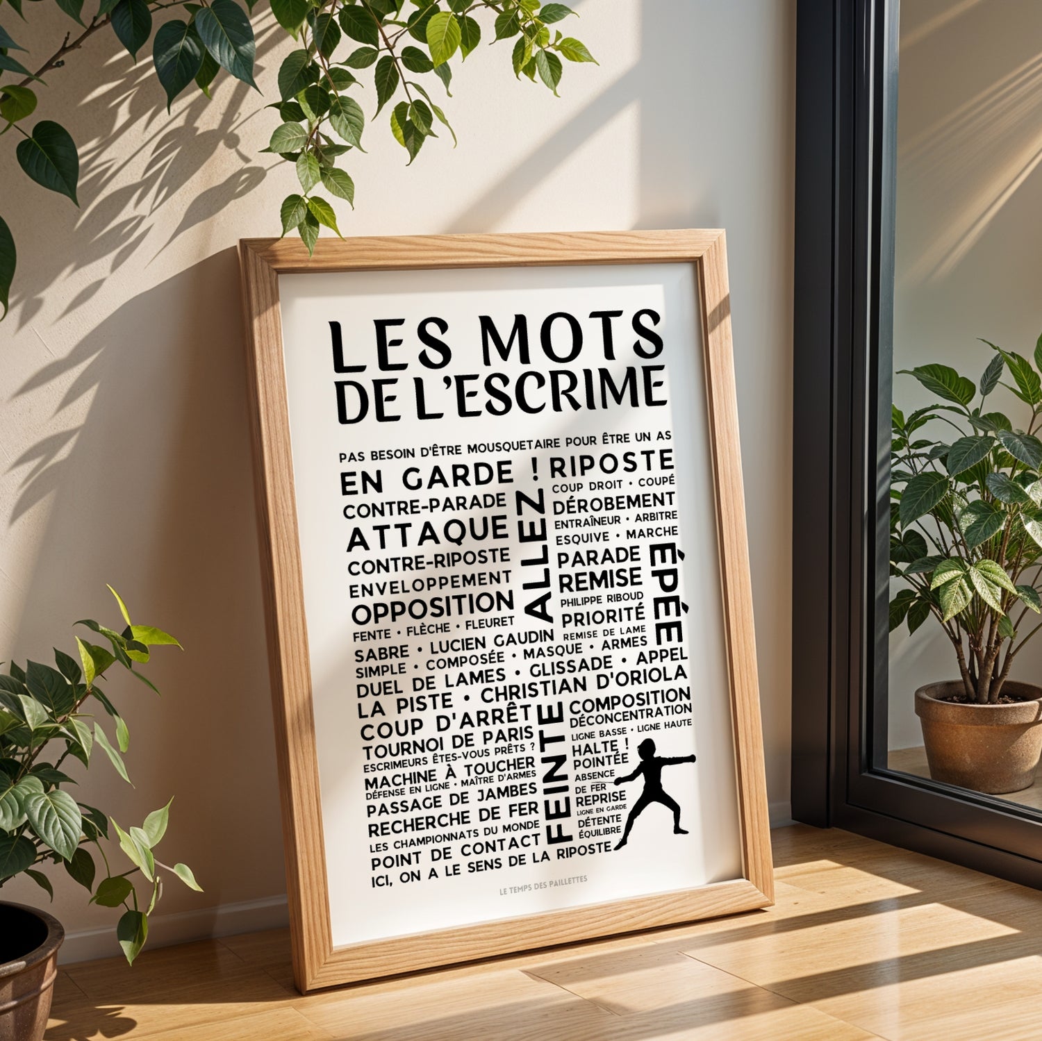 Détail du vocabulaire technique sur l'affiche escrime : parade, riposte, fleuret