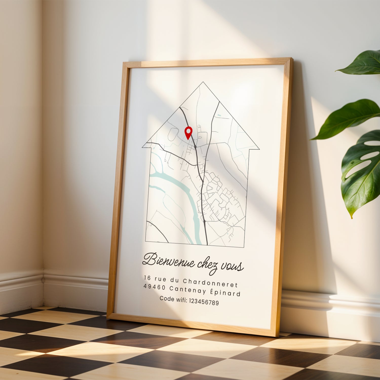 affiche carte personnalisée Airbnb avec emplacement du logement en style minimaliste maison