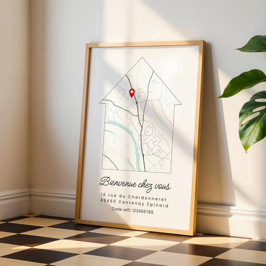 affiche carte personnalisée Airbnb avec emplacement du logement en style minimaliste maison