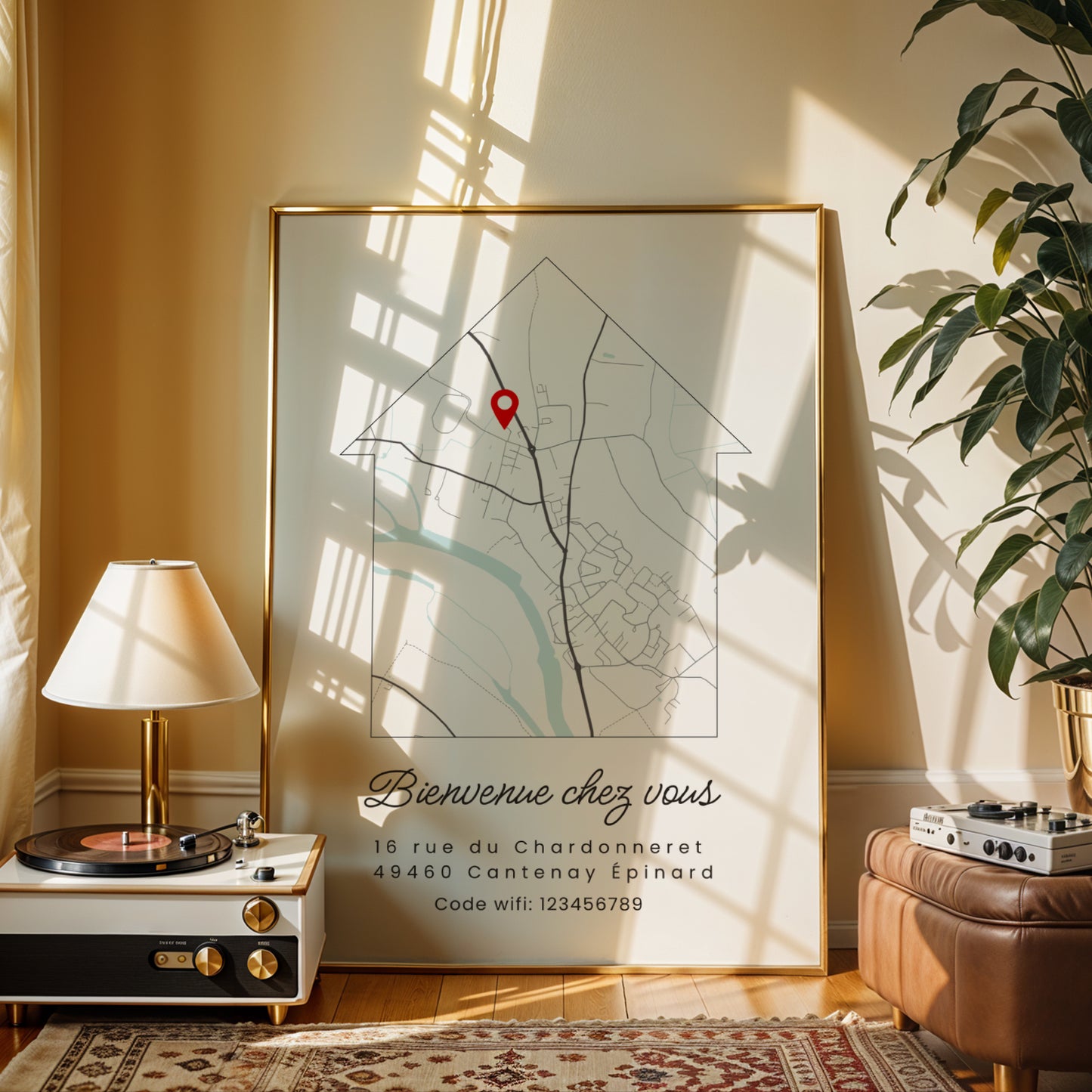 affiche cadeau hôte Airbnb carte personnalisée du logement avec adresse et wifi
