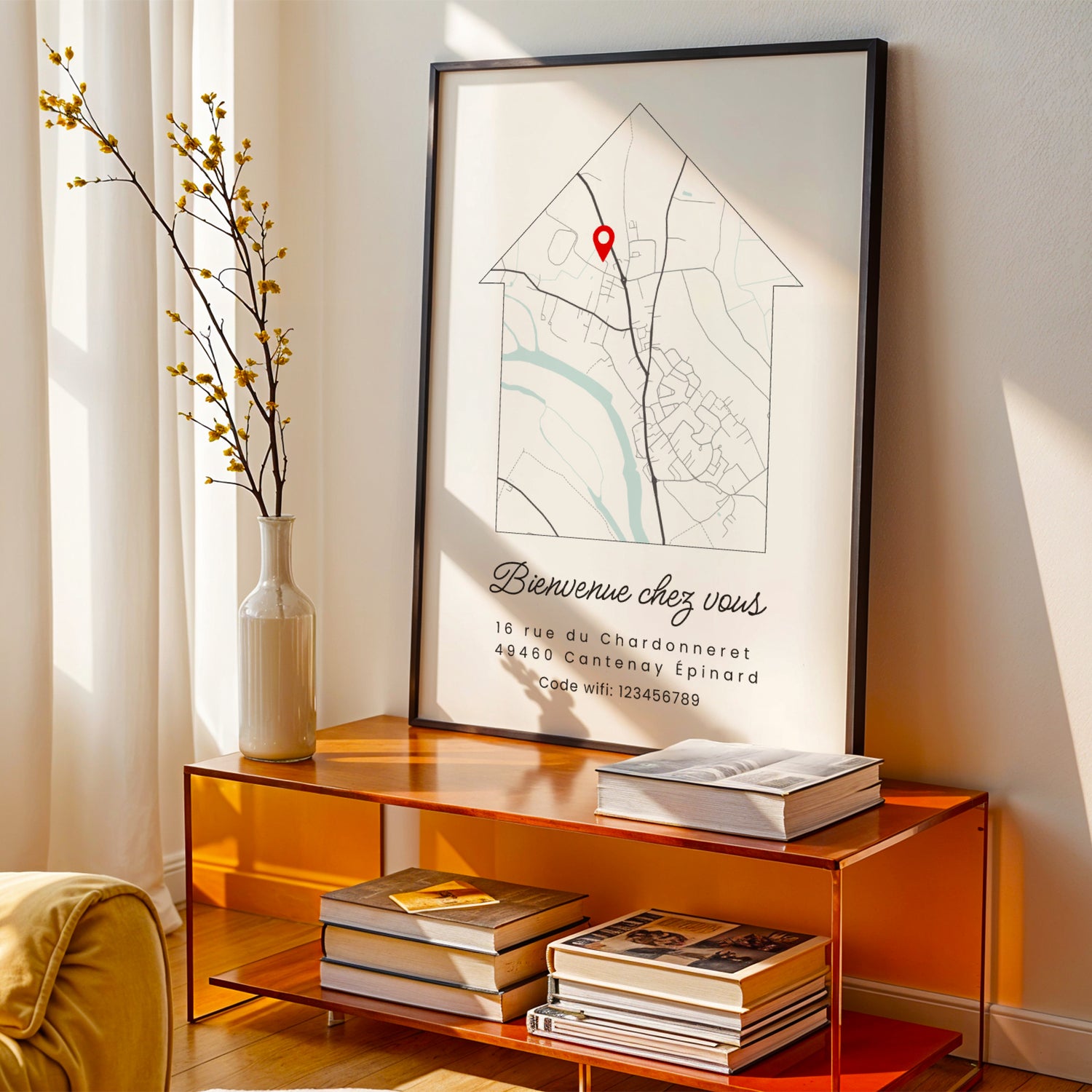 affiche carte personnalisée Airbnb avec emplacement du logement en style minimaliste maison