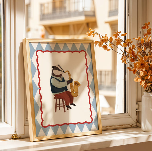 Affiche Blaireau Saxophone – Poster Coloré Animaux Musiciens Chambre Enfant Dopamine Decor Cadeau Naissance