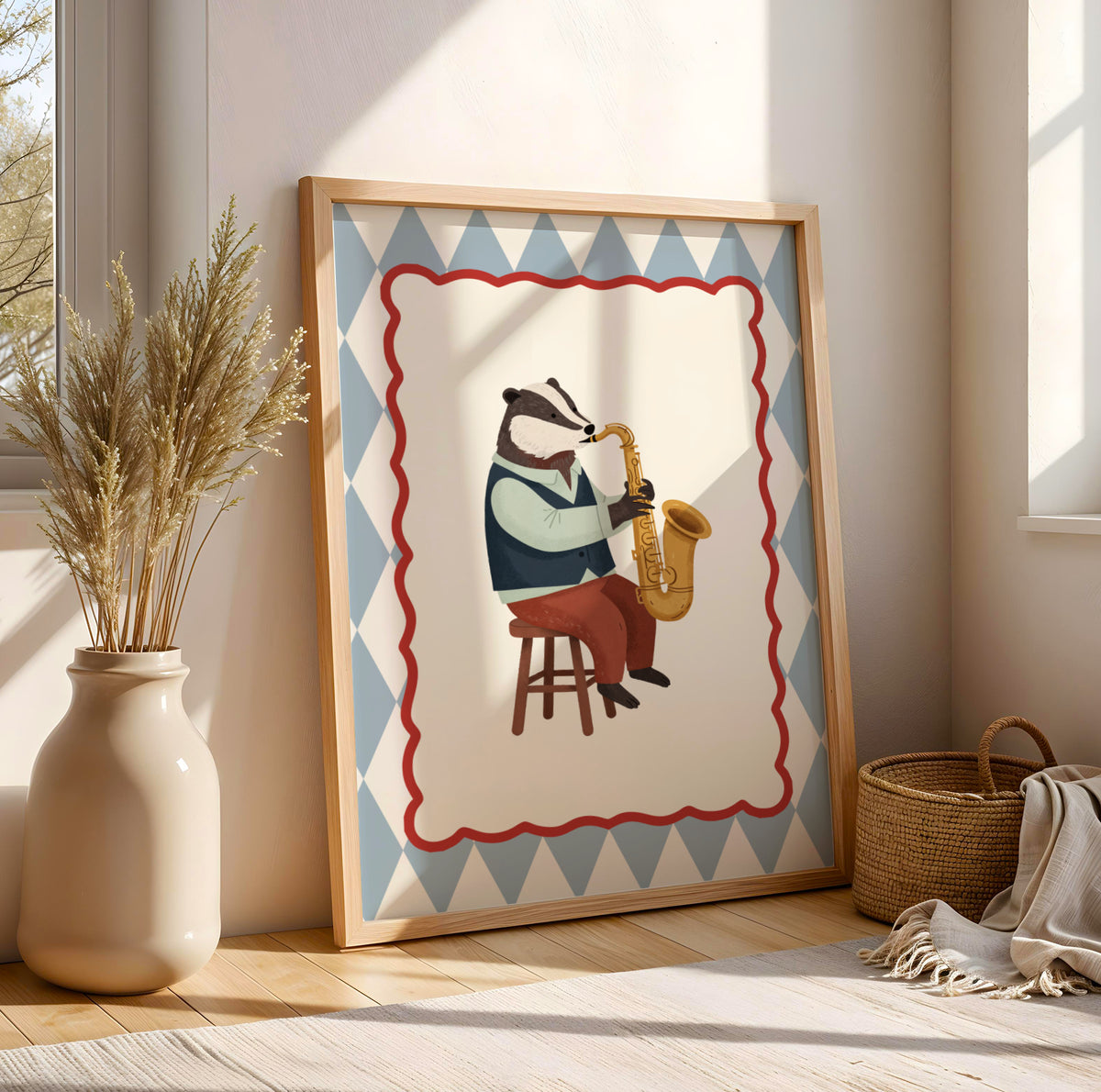 Affiche Blaireau Saxophone – Poster Coloré Animaux Musiciens Chambre Enfant Dopamine Decor Cadeau Naissance - Image 1