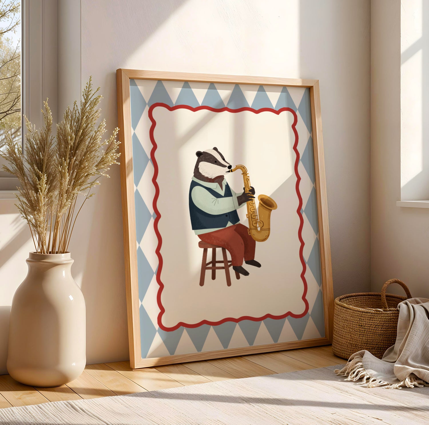 Affiche Blaireau Saxophone – Poster Coloré Animaux Musiciens Chambre Enfant Dopamine Decor Cadeau Naissance - Image 1
