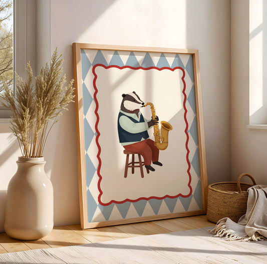 Affiche Blaireau Saxophone – Poster Coloré Animaux Musiciens Chambre Enfant Dopamine Decor Cadeau Naissance
