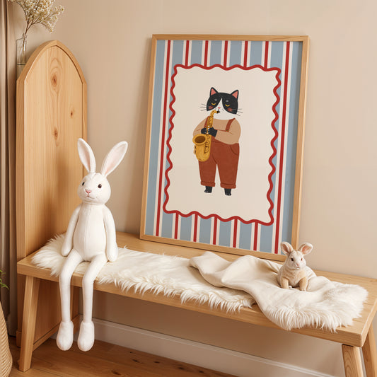 Affiche Chat Saxophone – Poster Coloré Animaux Musiciens Chambre Enfant Dopamine Decor Cadeau Naissance
