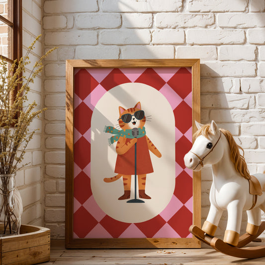Affiche Chat Chanteuse Rose – Poster Coloré Animaux Musiciens Chambre Fille Dopamine Decor Cadeau Naissance