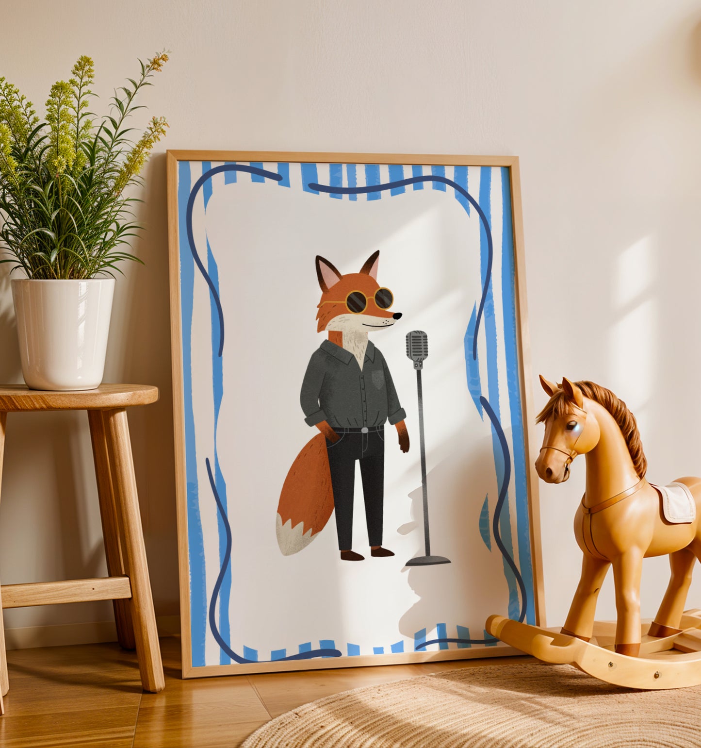 Affiche Renard Chanteur – Décoration Éveil Musical Enfant, Poster Animaux Musiciens, Illustration Colorée Chambre Bébé