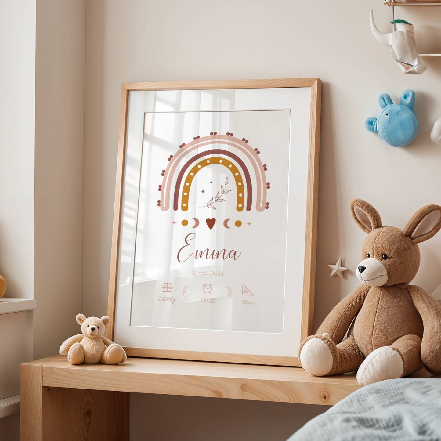 Affiche de naissance Arc-en-ciel boho personnalisée - poster bébé, heure, taille, poids -  Décoration chambre bébé - Cadeau naissance