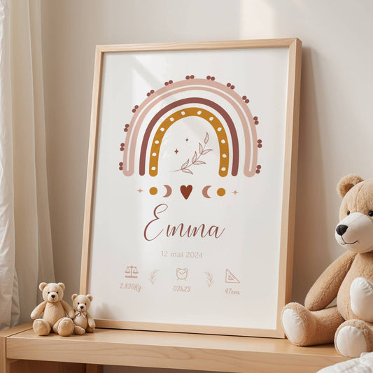 Affiche de naissance Arc-en-ciel boho personnalisée - poster bébé, heure, taille, poids - Décoration chambre bébé - Cadeau naissance