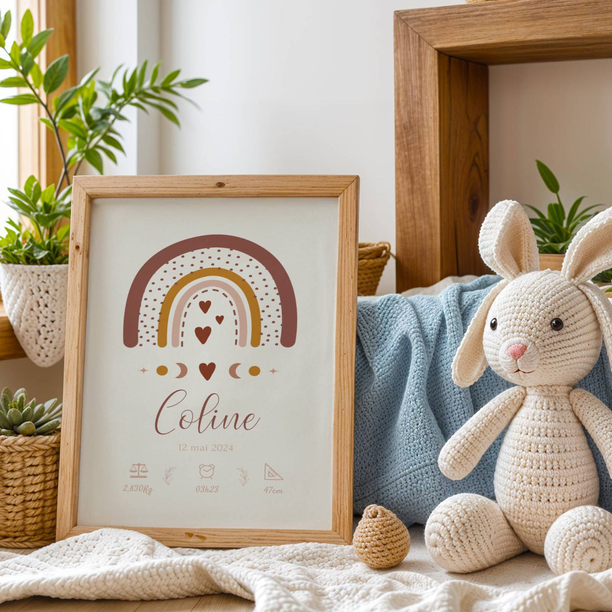 Affiche de naissance Arc-en-ciel boho personnalisée - poster bébé, heure, taille, poids -  Décoration chambre bébé - Cadeau naissance