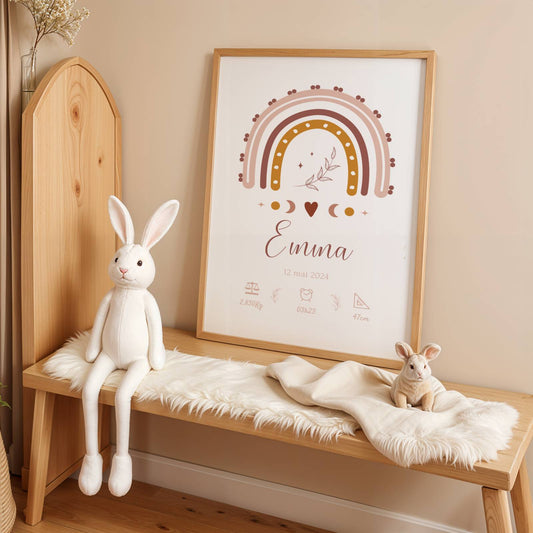 Affiche de naissance Arc-en-ciel boho personnalisée - poster bébé, heure, taille, poids - Décoration chambre bébé - Cadeau naissance