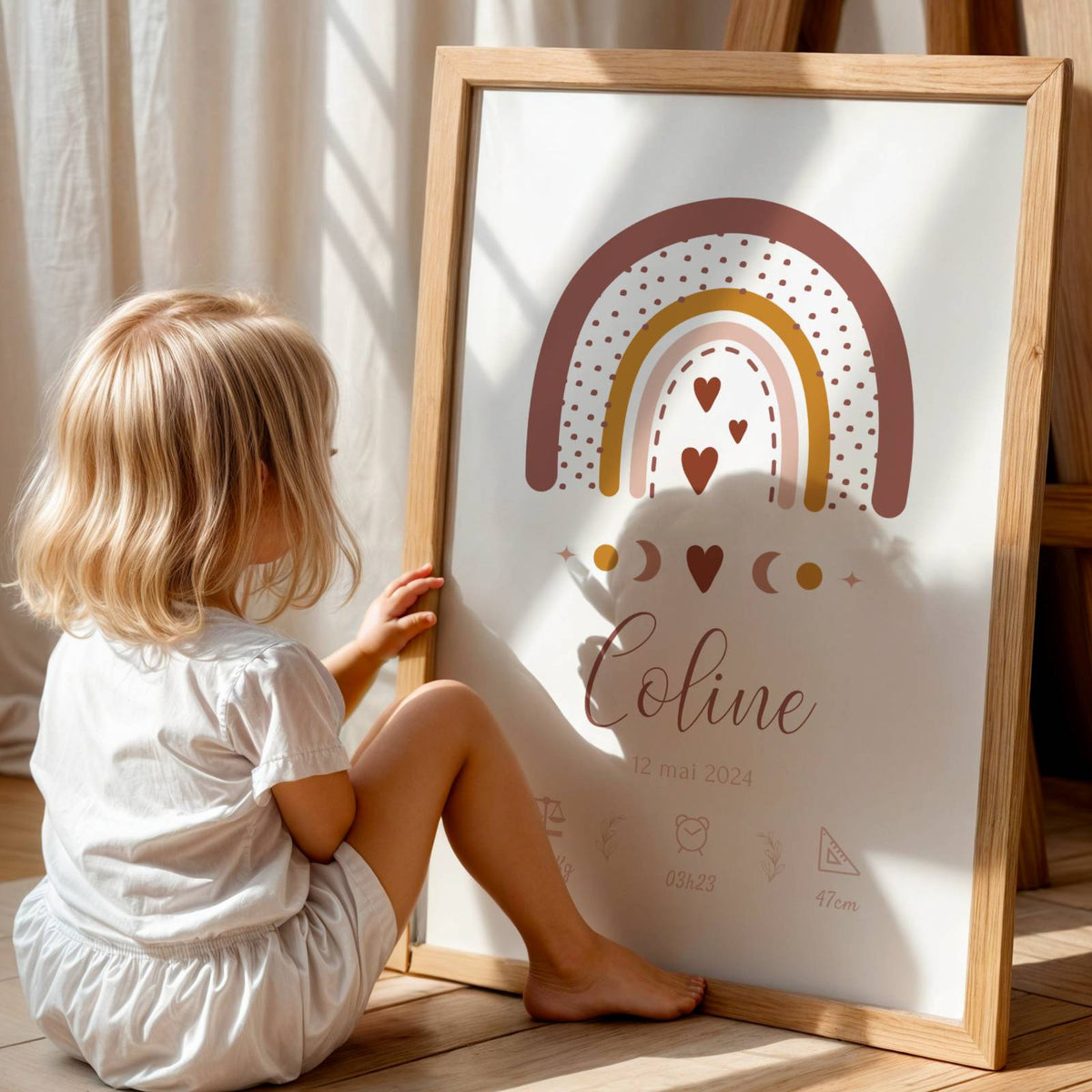 Affiche de naissance Arc-en-ciel boho personnalisée - poster bébé, heure, taille, poids -  Décoration chambre bébé - Cadeau naissance