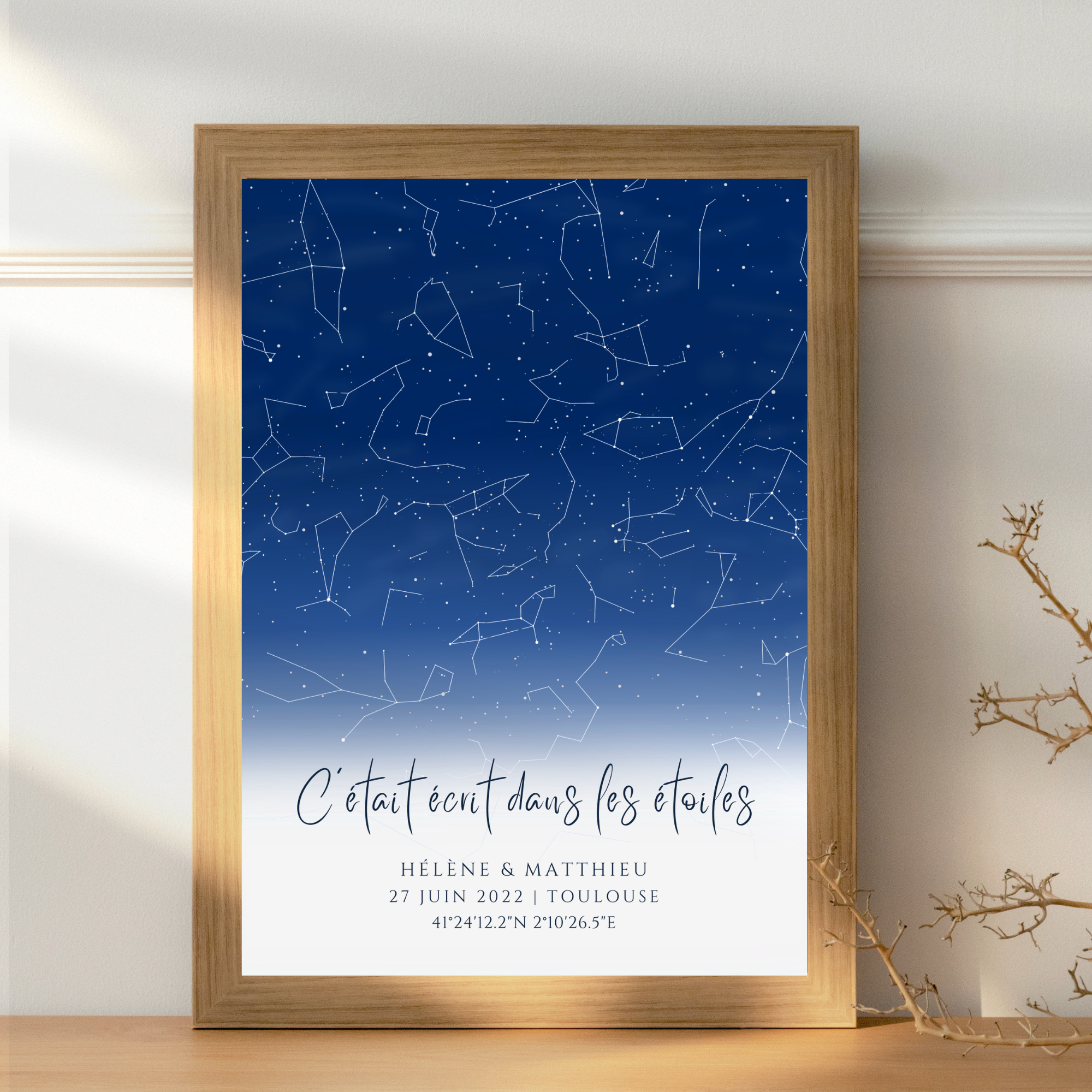 Affiche carte du ciel personnalisée fond clair pour mariage