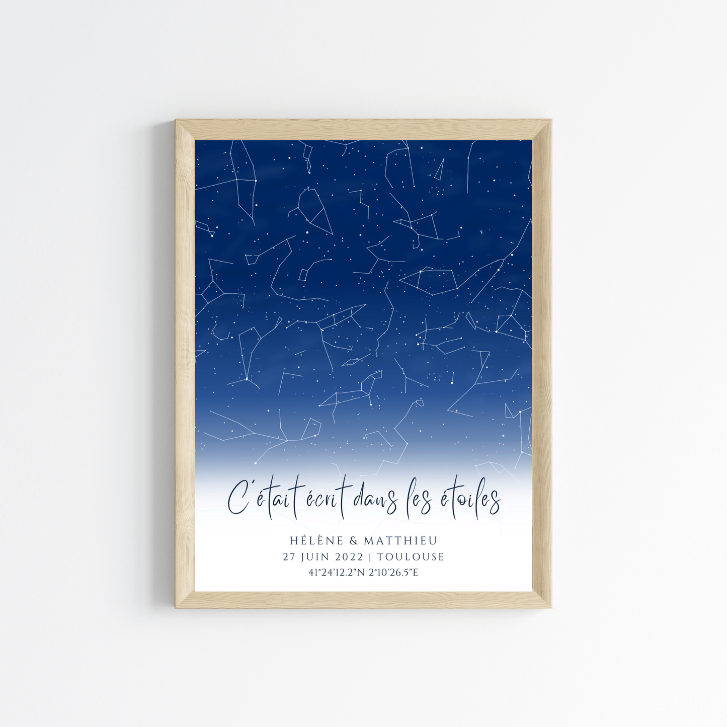 Affiche carte des étoiles personnalisée bleue - cadeau constellation pour couple - Cadeau rencontre - décoration personnalisée