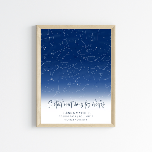 Affiche carte des étoiles personnalisée bleue - cadeau constellation pour couple - Cadeau rencontre - décoration personnalisée