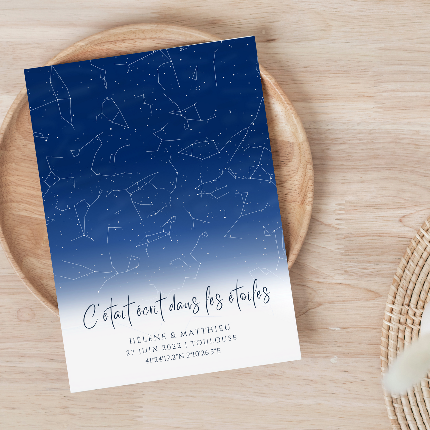 Affiche carte des étoiles personnalisée bleue - cadeau constellation pour couple - Cadeau rencontre - décoration personnalisée