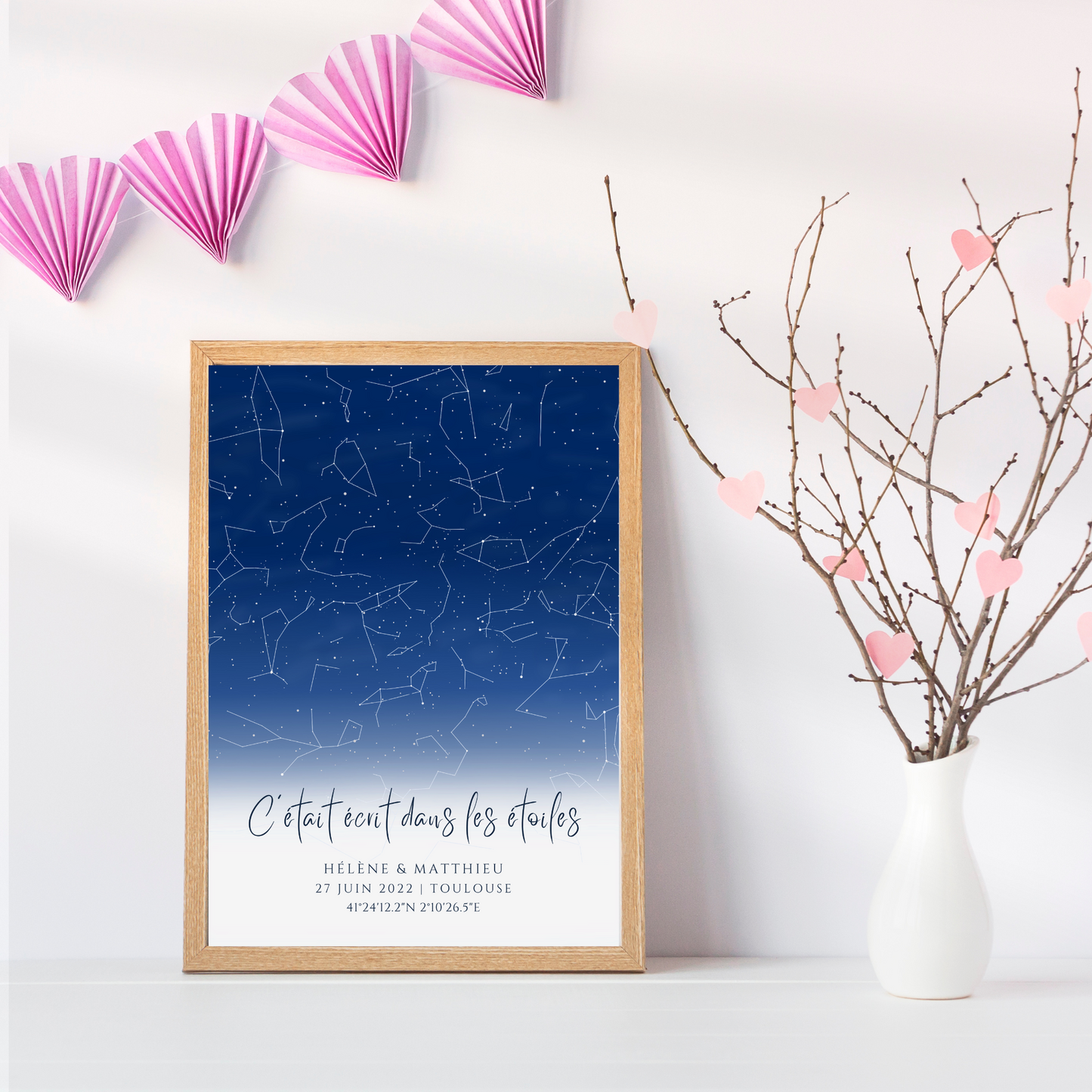 Affiche carte des étoiles personnalisée bleue - cadeau constellation pour couple - Cadeau rencontre - décoration personnalisée