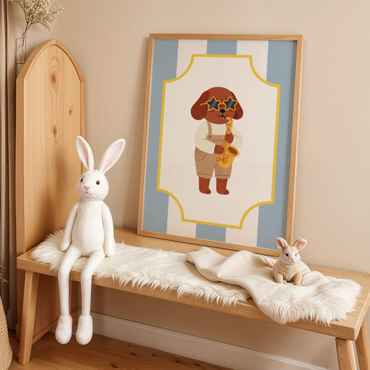 Affiche Chien Saxophone – Poster Coloré Animaux Musiciens Chambre Enfant Dopamine Decor Cadeau Naissance