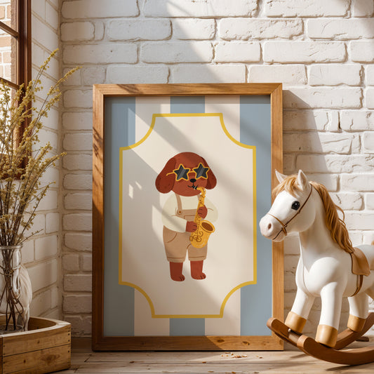 Affiche Chien Saxophone – Poster Coloré Animaux Musiciens Chambre Enfant Dopamine Decor Cadeau Naissance