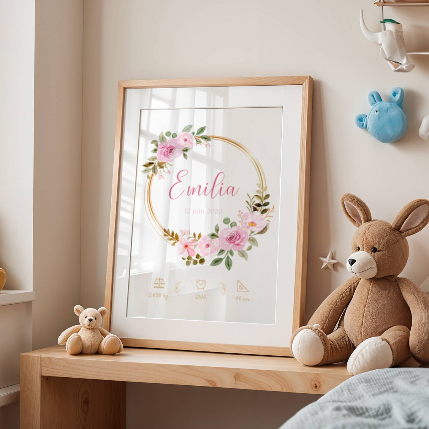 affiche de naissance personnalisée fleurs couronne florale prénom bébé décoration chambre bébé élégante