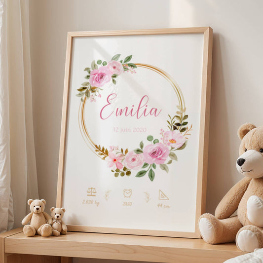Affiche de naissance fleurs - affiche naissance bébé personnalisée prénom et fleurs - cadeau de naissance