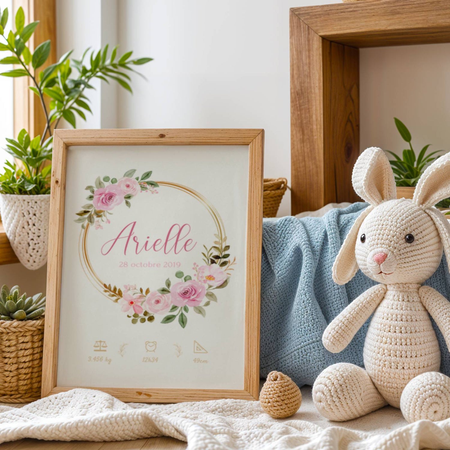 cadeau naissance personnalisé affiche bébé fleurs aquarelle pastel élégante