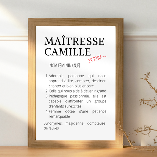 Affiche définition maitresse personnalisée - cadeau maitresse personnalisée - cadre maitresse par Le Temps des Paillettes