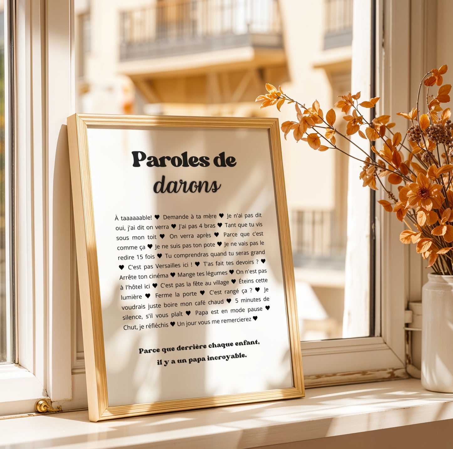 Affiche humoristique “Paroles de Darons” avec citations cultes de papa français, décoration murale noir et blanc personnalisable, idée cadeau originale pour la Fête des Pères 2026.