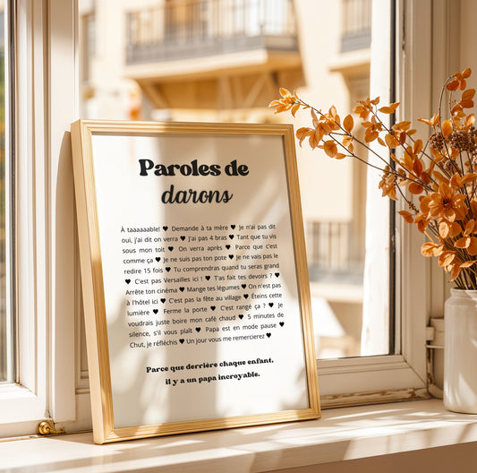 Affiche humoristique “Paroles de Darons” avec citations cultes de papa français, décoration murale noir et blanc personnalisable, idée cadeau originale pour la Fête des Pères 2026.