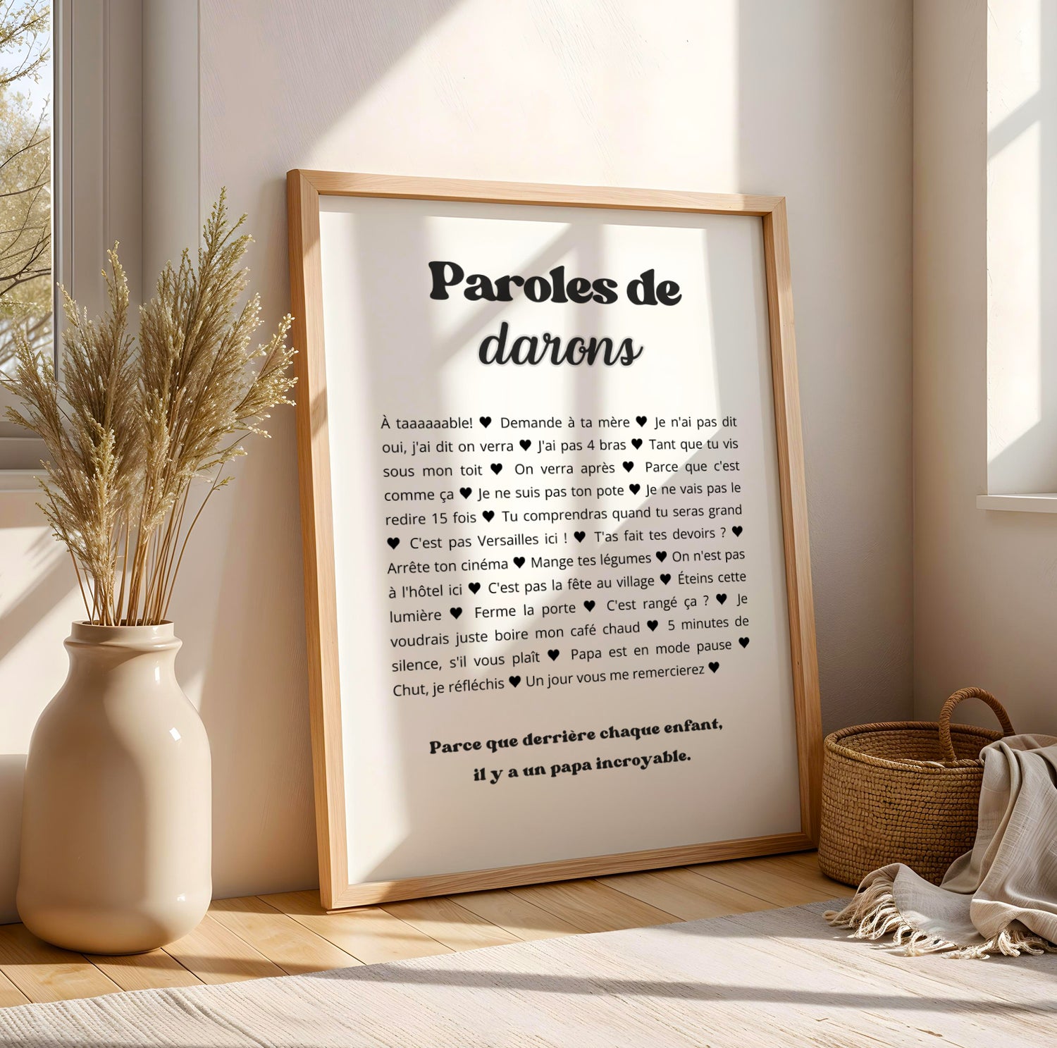 Affiche humoristique “Paroles de Darons” avec citations cultes de papa français, décoration murale noir et blanc personnalisable, idée cadeau originale pour la Fête des Pères 2026.
