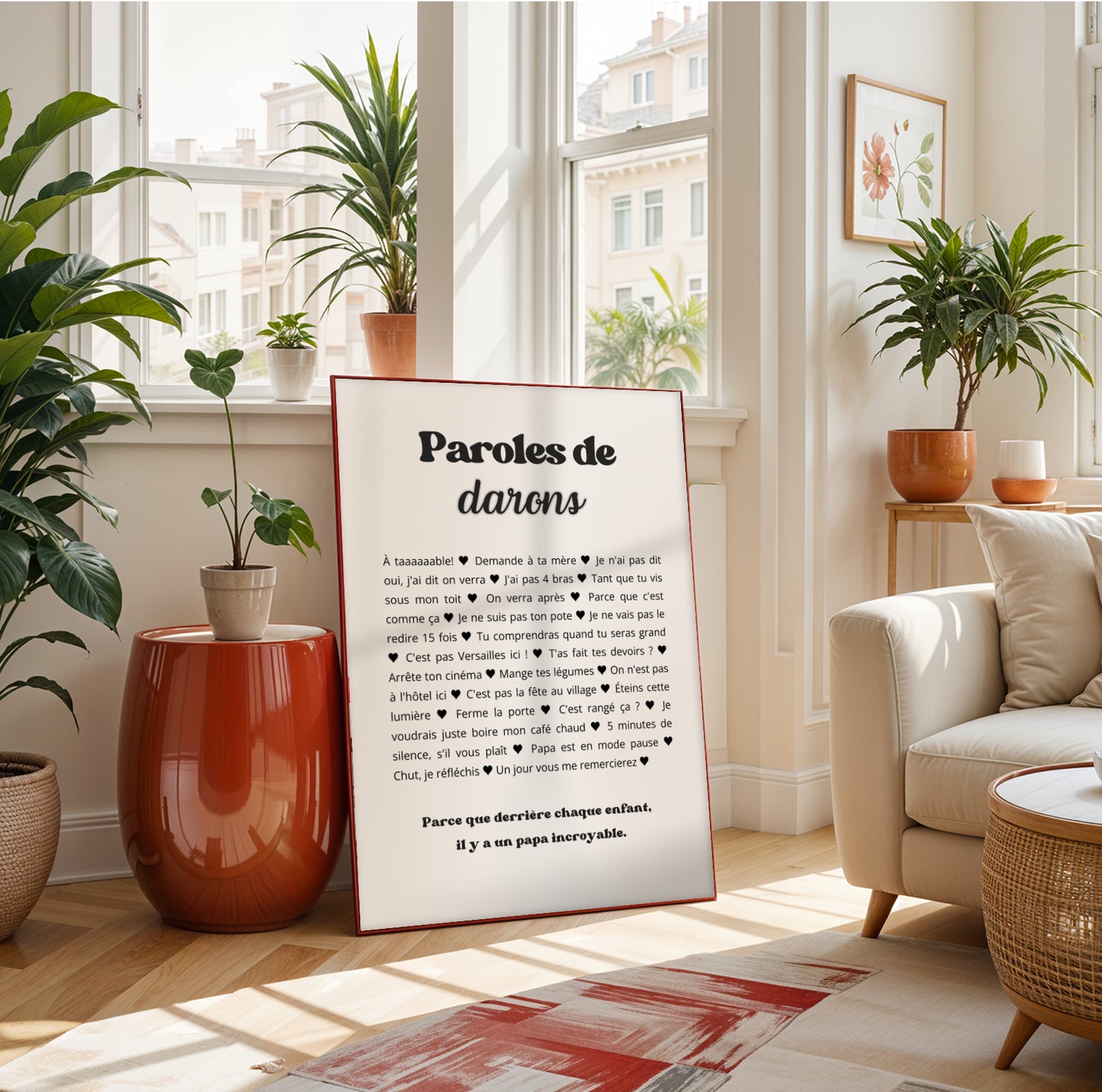Affiche humoristique “Paroles de Darons” avec citations cultes de papa français, décoration murale noir et blanc personnalisable, idée cadeau originale pour la Fête des Pères 2026.