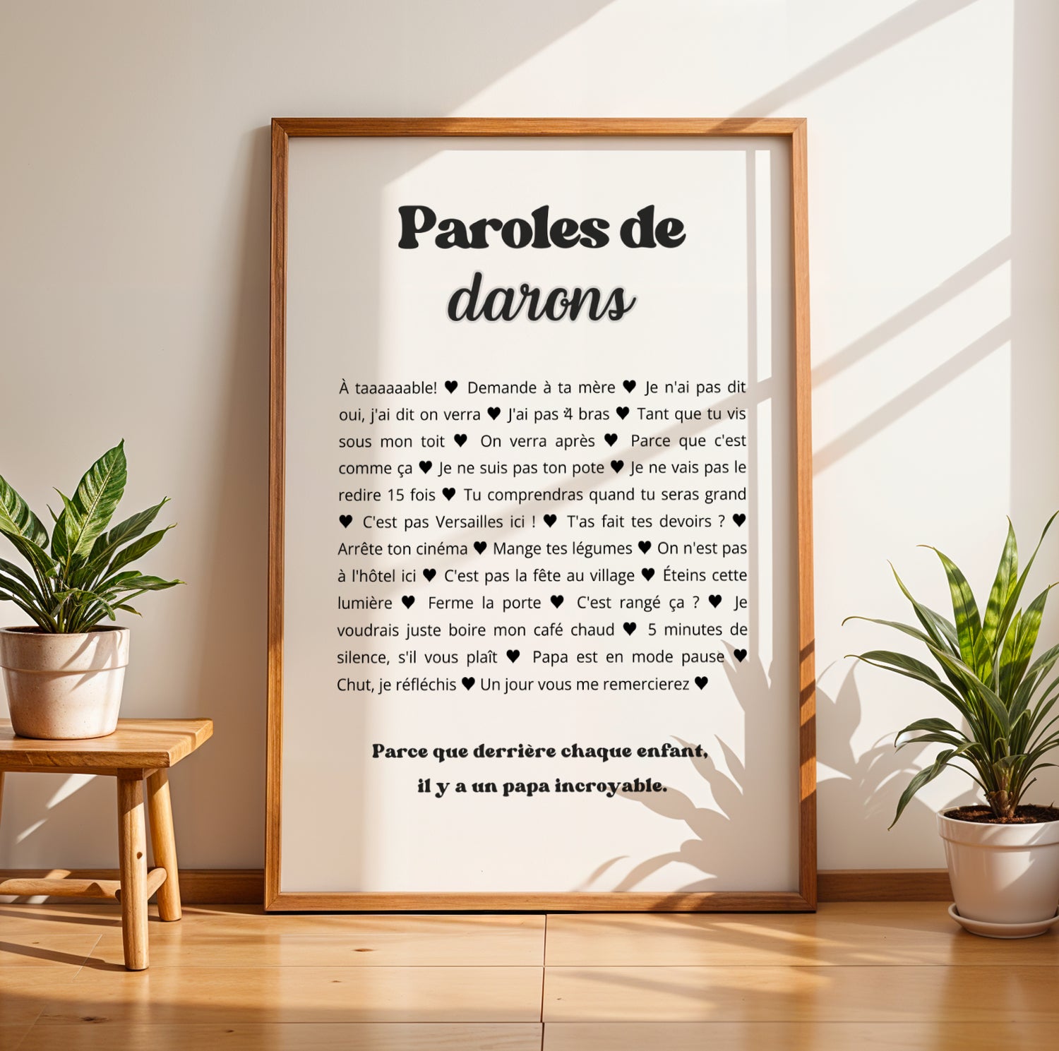 Affiche humoristique “Paroles de Darons” avec citations cultes de papa français, décoration murale noir et blanc personnalisable, idée cadeau originale pour la Fête des Pères 2026.