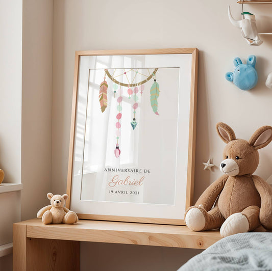 Affiche arbre à empreintes dreamcatcher baptême – attrape-rêves prénom personnalisé